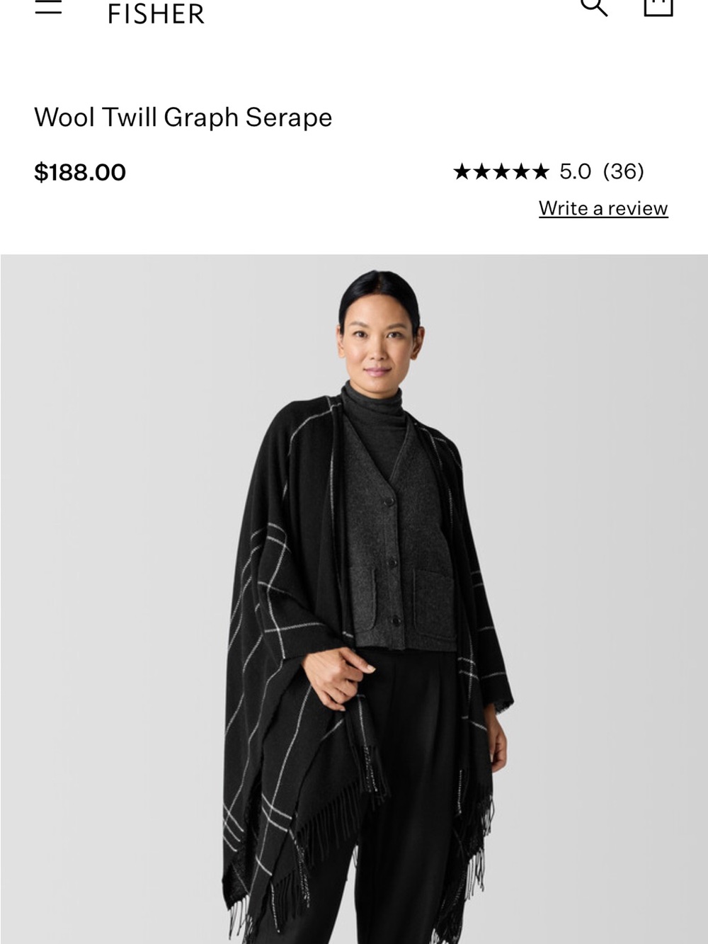 Eileen Fisher Black Wool Twill Graph Serape Wrap